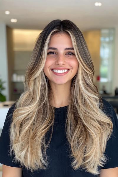 Blonde hair with dark brown streaks styled in loose waves, framing the face.