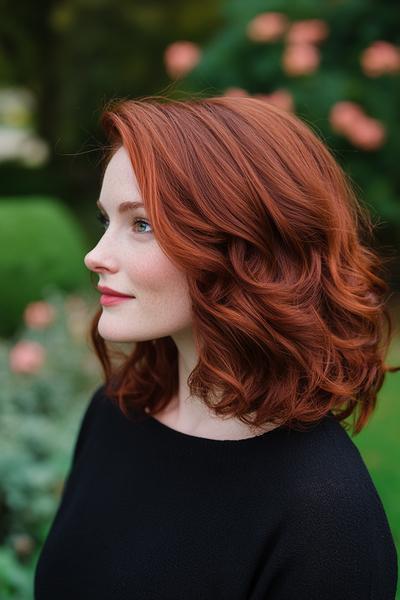 A woman with wavy, shoulder-length, dark auburn hair styled in loose curls.