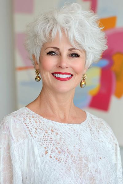 An elderly woman with short, textured, white hair styled in soft, voluminous waves.