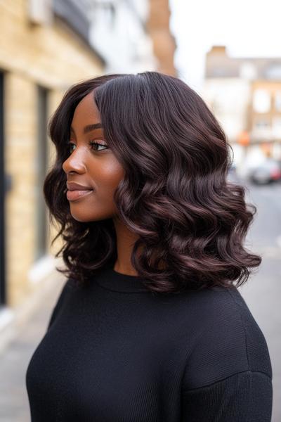 A woman with dark chocolate brown hair styled in loose, glossy waves falling just above her shoulders.