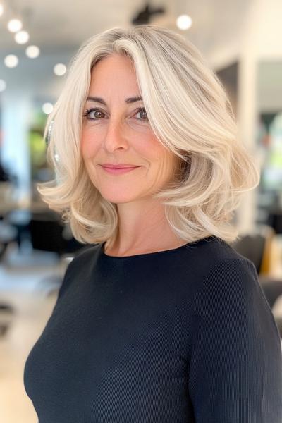 A woman with shoulder-length, layered silver hair styled with voluminous, soft waves.