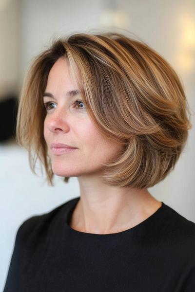 A woman with a medium-length layered bob hairstyle, featuring subtle highlights for added dimension.