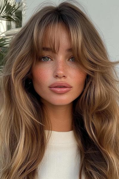 A woman with long, wavy hair styled in curtain bangs, flowing gently around her shoulders.