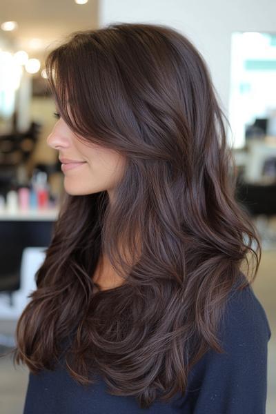 A woman with dark brown, wavy hair styled in loose, soft layers.