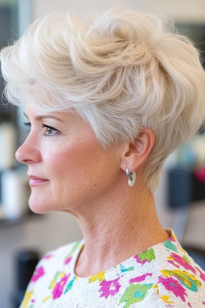 The image shows an elegant older woman with a short, voluminous, and layered platinum blonde hairstyle, perfectly styled with soft waves.