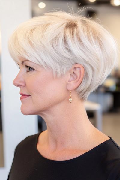 A side profile of an older woman with a short, layered and textured pixie haircut, featuring a swept fringe.