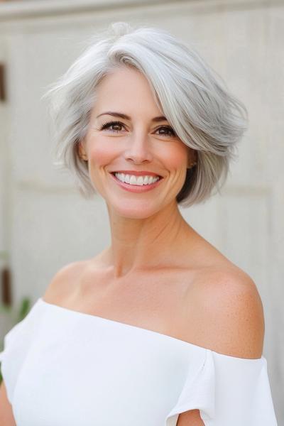 A woman with a chic, short layered haircut featuring silver-grey hair styled in a voluminous and slightly tousled manner.