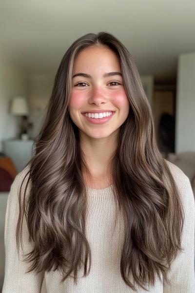 A woman with long, dark brown hair styled in loose waves, smiling at the camera.