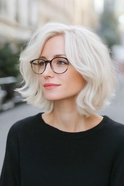 A stylish medium-length white wavy bob hairstyle for women over 60, paired with black glasses.