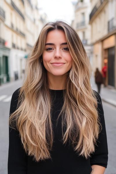 A woman with long, wavy blonde hair featuring dark brown streaks, styled in a centre parting, standing on a city street.