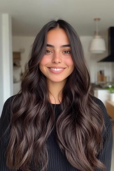 A woman with long, dark brown, wavy hair, parted in the middle, smiling while standing in a modern, indoor setting.