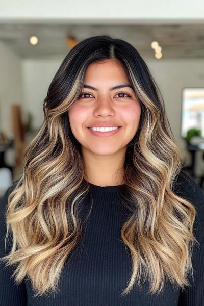 A woman with long, wavy black hair featuring blonde highlights at the tips and face-framing layers.