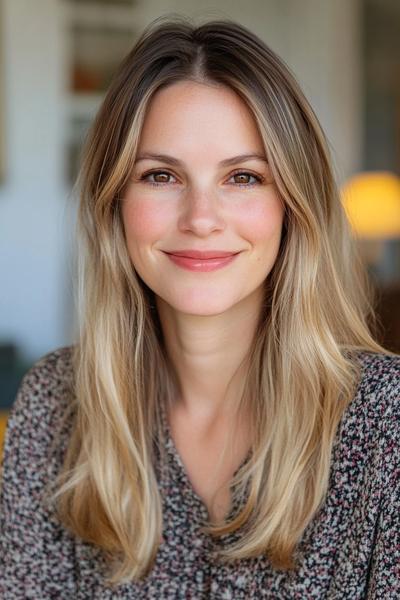 A woman with long, straight blonde hair featuring subtle dark brown streaks, complemented by a centre parting.