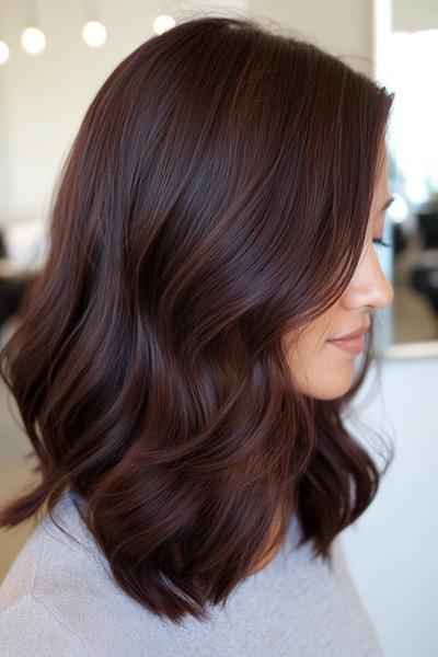 A close-up image shows a person with wavy, shoulder-length dark chocolate brown hair that has a glossy finish and subtle layers.