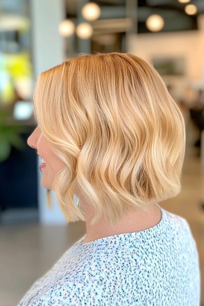 A blonde bob hairstyle with soft waves, shown from the side profile in a brightly lit indoor setting.