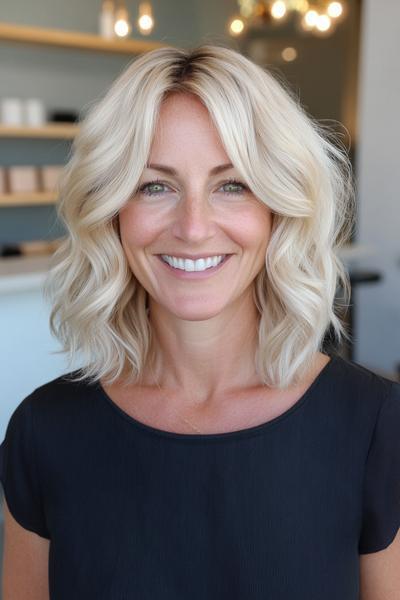 A woman with soft, wavy blonde hair styled in a shoulder-length bob, featuring face-framing layers and a middle parting.