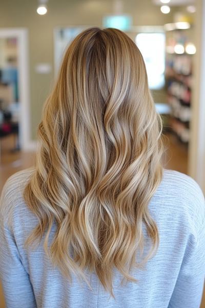 Blonde hair with dark brown streaks falls in soft waves over a woman's shoulders, creating a dimensional, multi-toned look.