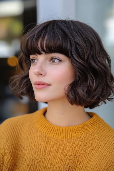 A woman with a wavy bob hairstyle featuring a full fringe, wearing a mustard yellow jumper.