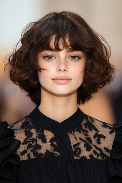 A woman with a bob hairstyle featuring soft, wavy locks and a fringe, wearing a black, partially sheer top with floral lace detailing.