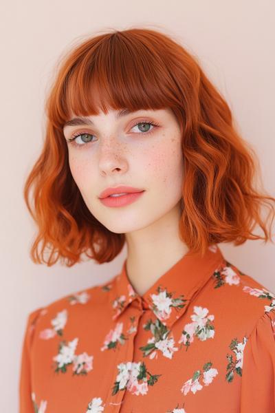 A woman with a wavy bob hairstyle and fringe, featuring copper-red hair, is wearing a floral blouse.