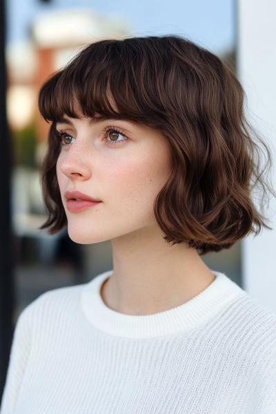 A woman with a wavy bob haircut and full fringe, wearing a white top.