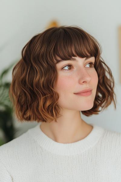 A woman with a wavy bob hairstyle paired with a full fringe.