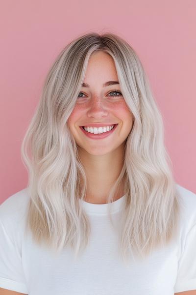 A woman with long, light ash blonde, wavy hair, parted in the middle, smiling against a pink background.