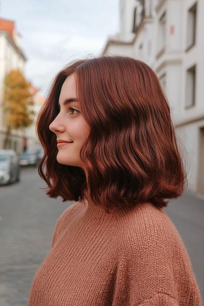 A woman with shoulder-length dark auburn hair styled in loose, soft waves, standing outdoors in an urban setting.