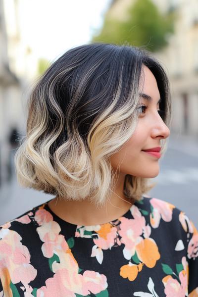 A woman with a short, wavy hairstyle featuring black hair with blonde highlights, wearing a floral top.