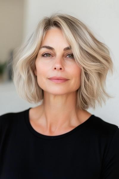 A woman with wavy, shoulder-length blonde hair styled in a soft, layered bob.