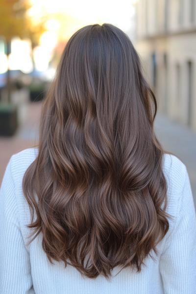 A model with long, wavy dark brown hair cascading down their back, styled in loose, soft waves.