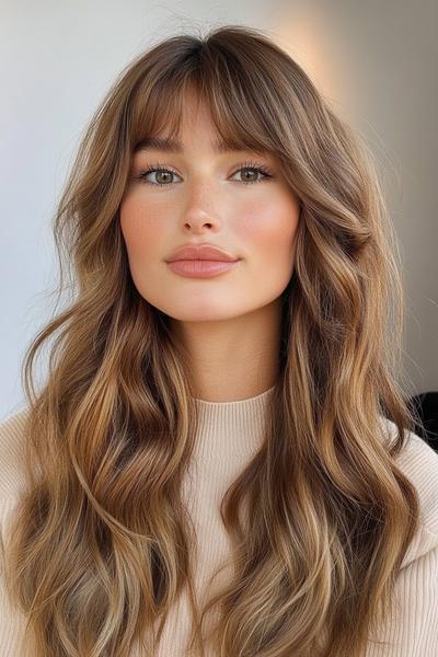 A person with long, wavy hair and curtain bangs, softly framing the face, in a light, natural setting.