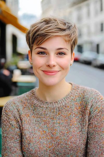 A person with an undercut pixie haircut, combining short, layered hair on top with closely cropped or shaved sides, is smiling outdoors.