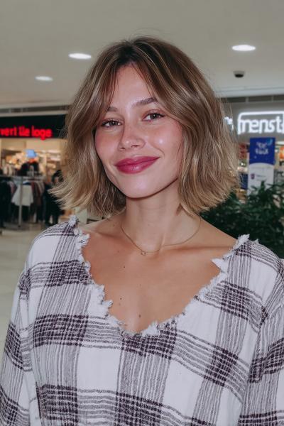 A woman with a chin-length bob haircut featuring soft, wispy fringe and natural, slightly tousled waves.