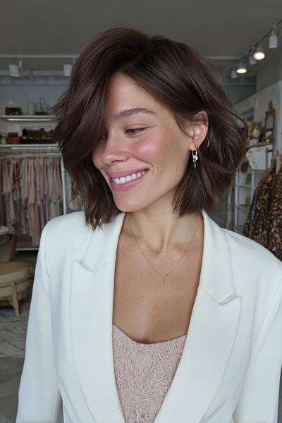 A woman with a wavy, chin-length bob hairstyle featuring textured, tousled fringe.
