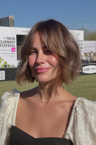 A woman with a chin-length bob haircut featuring soft, textured waves and a wispy fringe, styled in a relaxed, tousled manner.