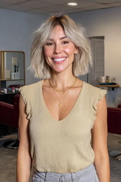 A woman with a chin-length bob hairstyle featuring soft, layered fringe stands smiling in a modern hair salon.