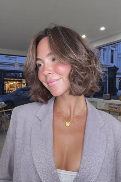 A woman with a chin-length, softly curled bob haircut featuring loose waves and a subtle middle parting, without a fringe.
