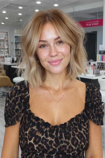 A woman with a tousled, chin-length bob haircut featuring soft, face-framing fringe, styled in loose waves.
