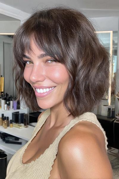 A woman with a wavy, chin-length bob hairstyle and a side fringe, wearing a white blazer and a light top, smiles inside a stylish boutique.