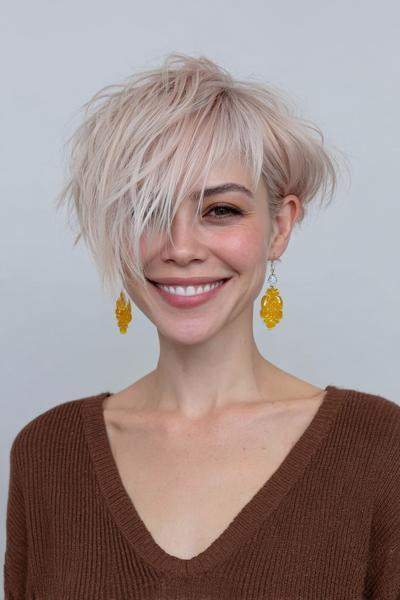 A woman with a textured, platinum blonde undercut pixie hairstyle featuring long, side-swept fringe and short, cropped sides.