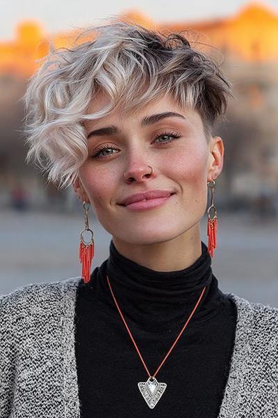 A stylish undercut pixie hairstyle with dark, closely shaved sides and longer, wavy platinum blonde hair on top swept to one side.