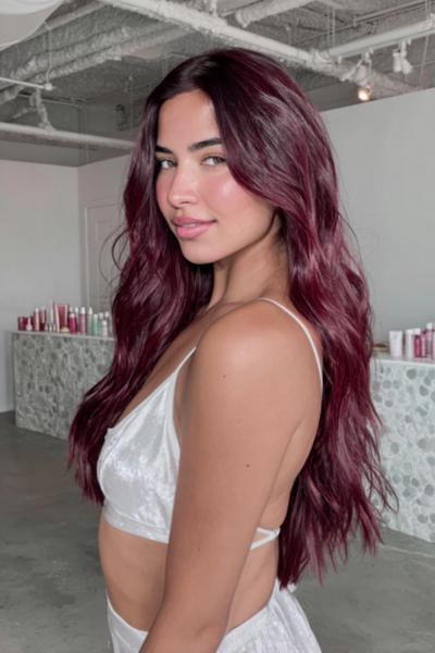 A woman with long, wavy deep red hair styled in loose layers, wearing a white strappy top, stands in a modern salon.