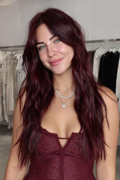 A woman with long, wavy dark red hair styled in loose layers, wearing a burgundy top and smiling in a boutique setting.