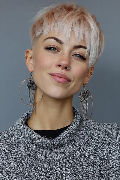 A woman with a platinum blonde undercut pixie hairstyle featuring choppy textured layers and a longer fringe at the front.