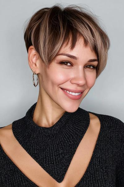 A smiling woman with a stylish undercut pixie hairstyle featuring longer, softly layered hair on top and shorter, tapered sides.