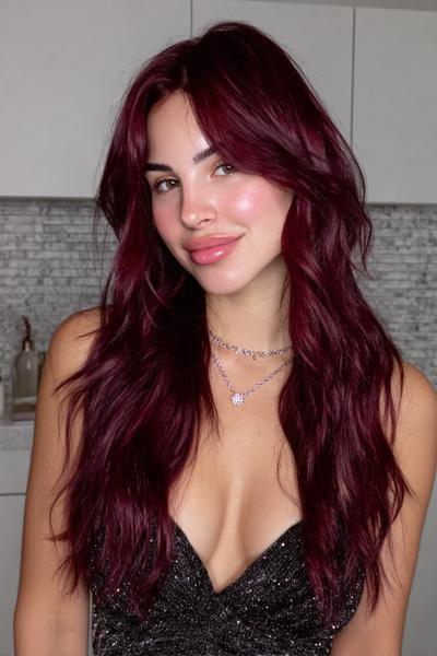 A woman with long, wavy, deep red hair styled with loose layers and soft curtain fringe, wearing a sparkly black top.