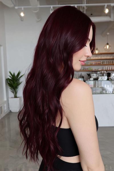 A woman with long, wavy dark red hair is standing indoors, wearing a black sleeveless top.