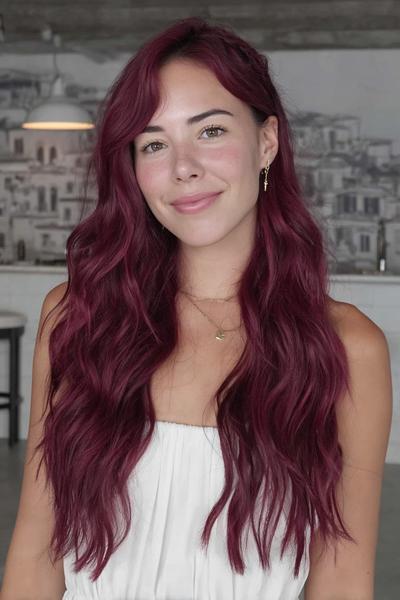 A young woman with long, wavy, deep burgundy red hair wears it parted slightly to the side, framing her face naturally.