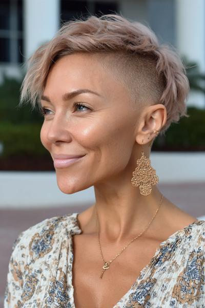A woman with a textured, tousled pixie cut featuring a dramatic undercut on the sides and back, with longer, wavy hair swept to one side on top.